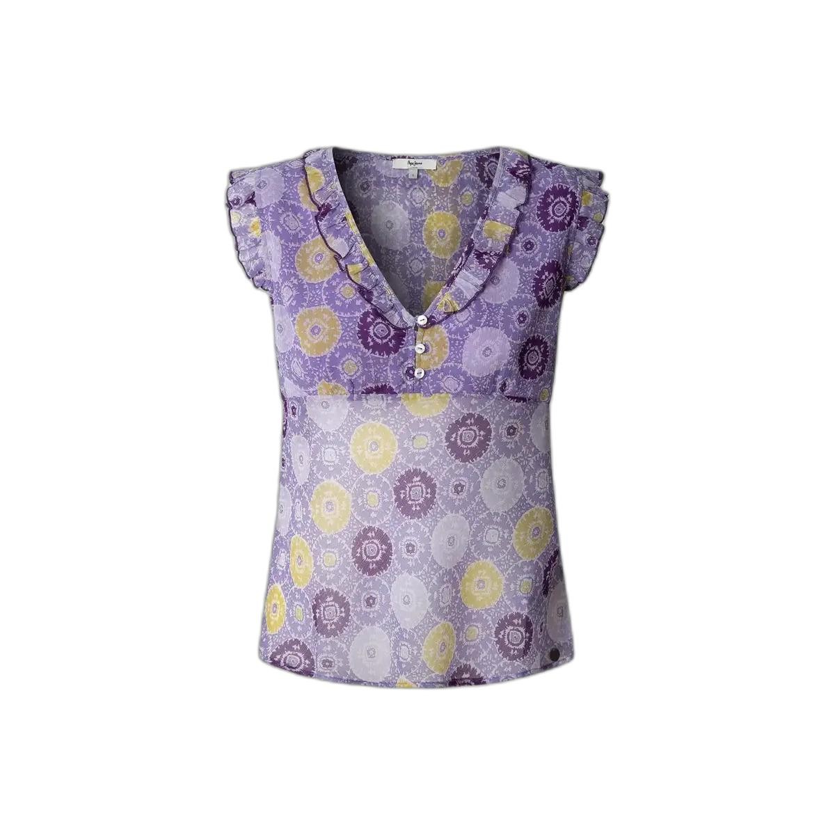 Purple and yellow patterned women's blouse by Pepe Jeans, featuring a ruffled neckline, short sleeves, and button detailing.