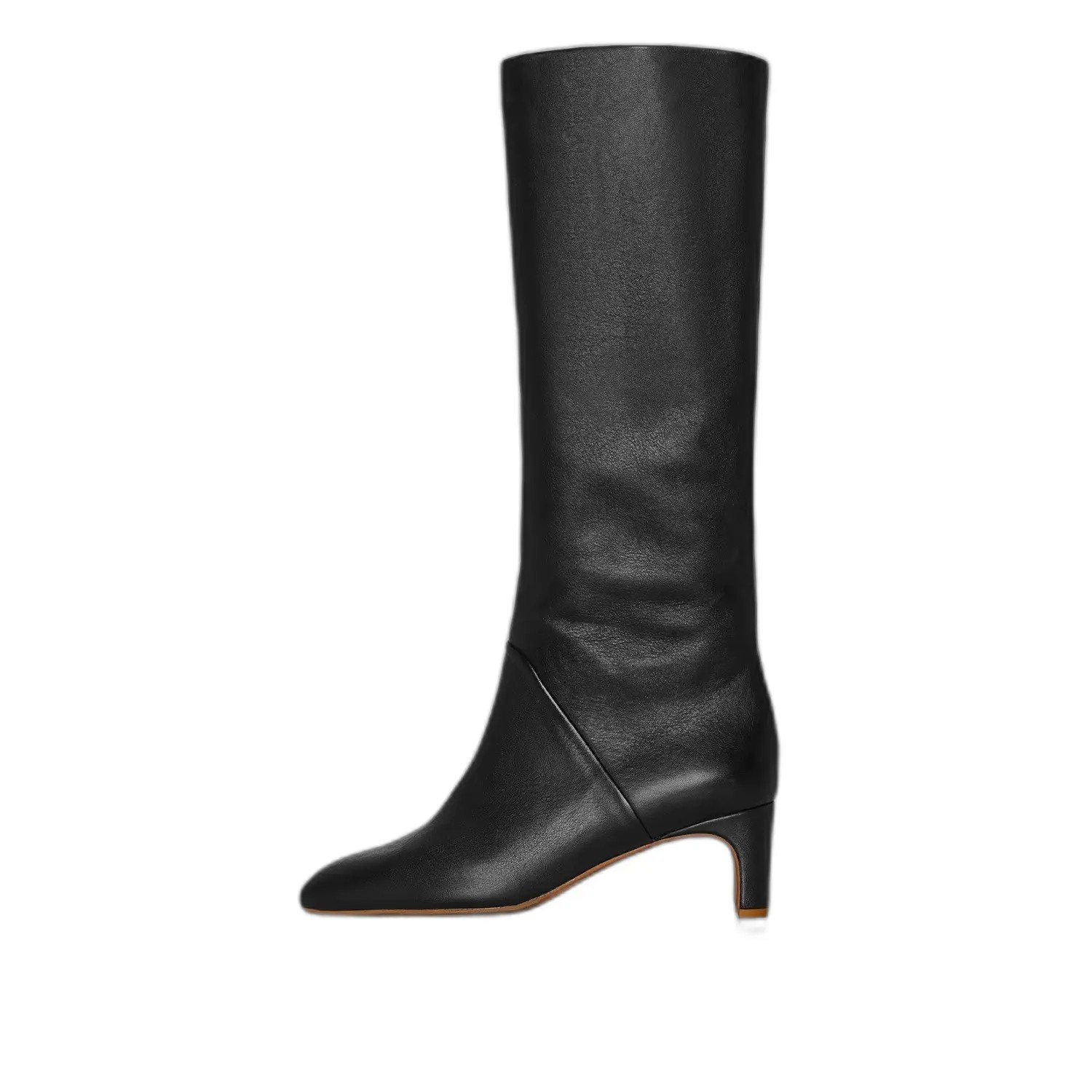 Tall black leather women's boots with a pointed toe and a sleek design, featuring a modest heel and a smooth finish.