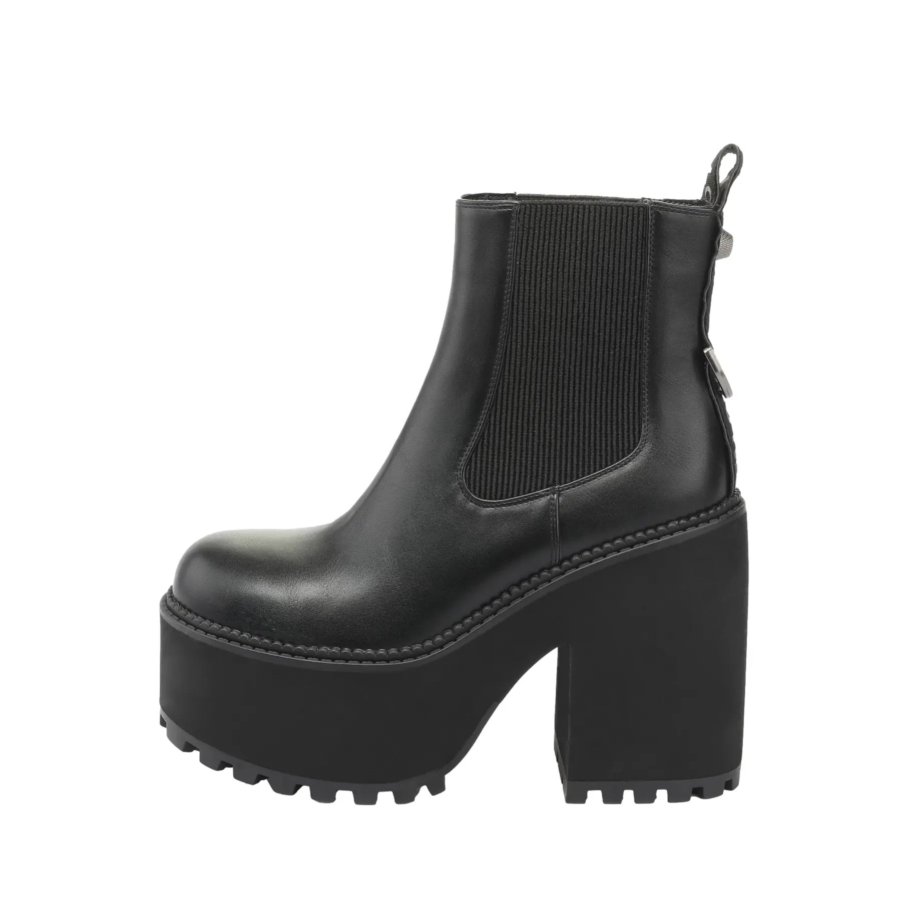Black leather Chelsea boots with a chunky platform sole, elastic side panels, and a pull tab at the back for easy wear.