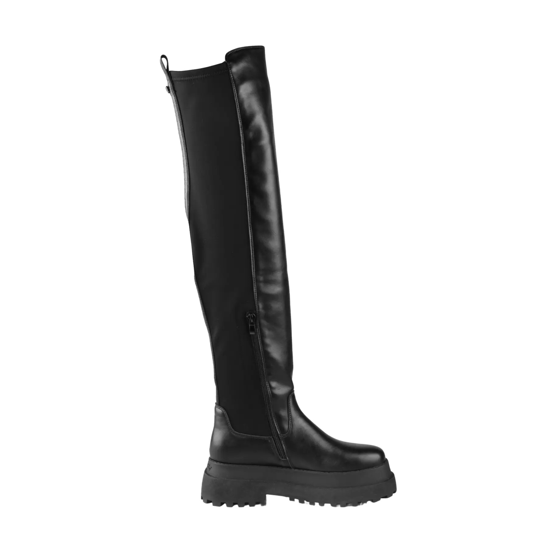 Black knee-high women's boots by Buffalo, featuring a sleek leather finish, chunky sole, and a side zipper for easy wear.