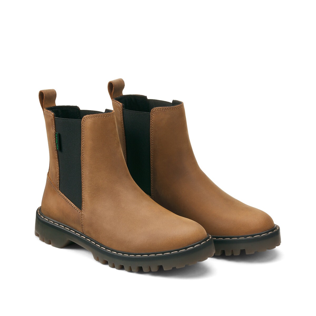 Brown suede women's ankle boots with elastic side panels, a rugged sole, and pull tabs for easy wear, featuring a classic Chelsea design by Kickers.