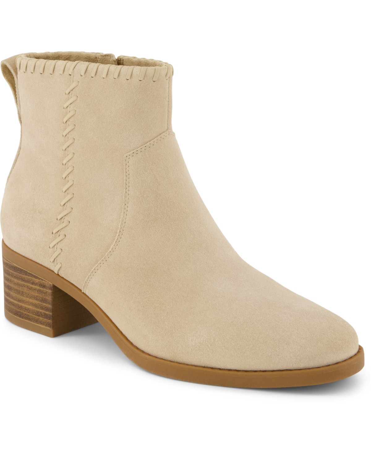Oatmeal-colored suede ankle boots with a stacked heel, featuring decorative stitching along the sides and a sleek, minimalist design.