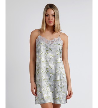 Light gray satin camisole featuring delicate floral prints and a lace trim along the neckline, with thin adjustable straps, designed for a feminine and elegant look.