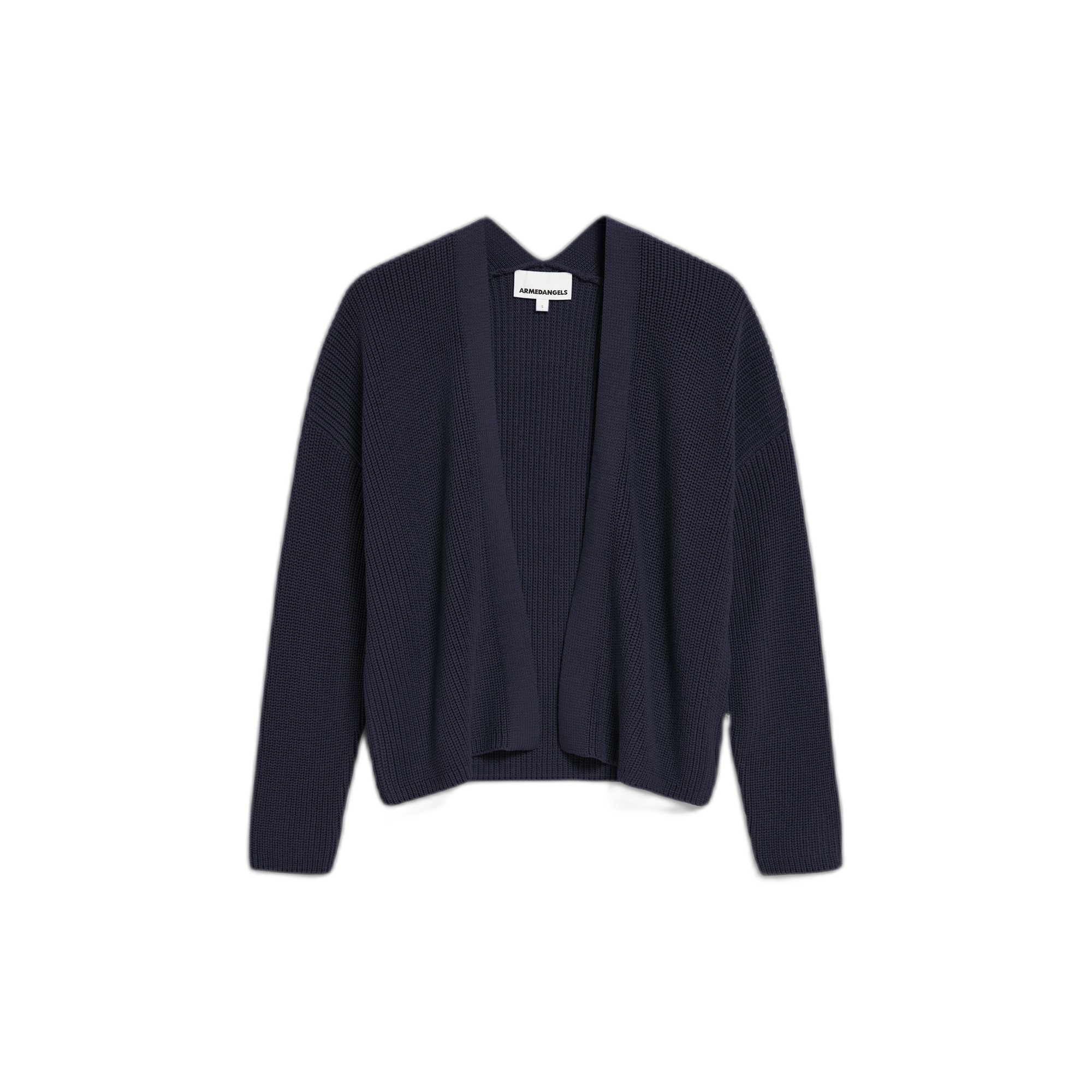 Navy blue women's cardigan by ARMEDANGELS, featuring a relaxed fit, open front, and ribbed texture for a cozy, stylish look.