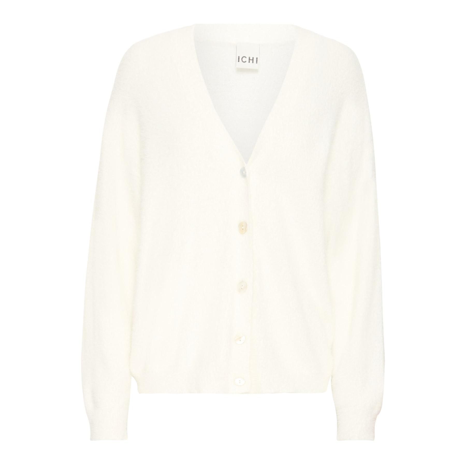 Soft white cardigan by Ichi, featuring a V-neckline, long sleeves, and button closure, crafted from a cozy, fluffy material.