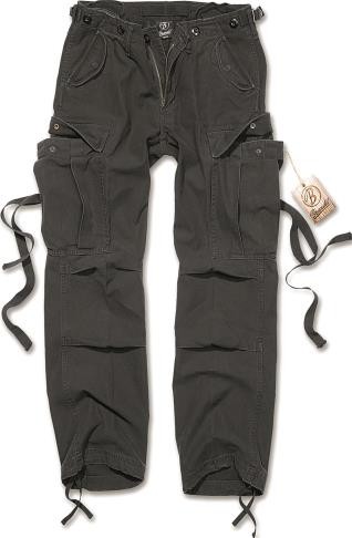 Black Brandit M-65 ladies' pants in size 27, featuring multiple cargo pockets, adjustable waist ties, and a durable fabric suitable for casual wear.