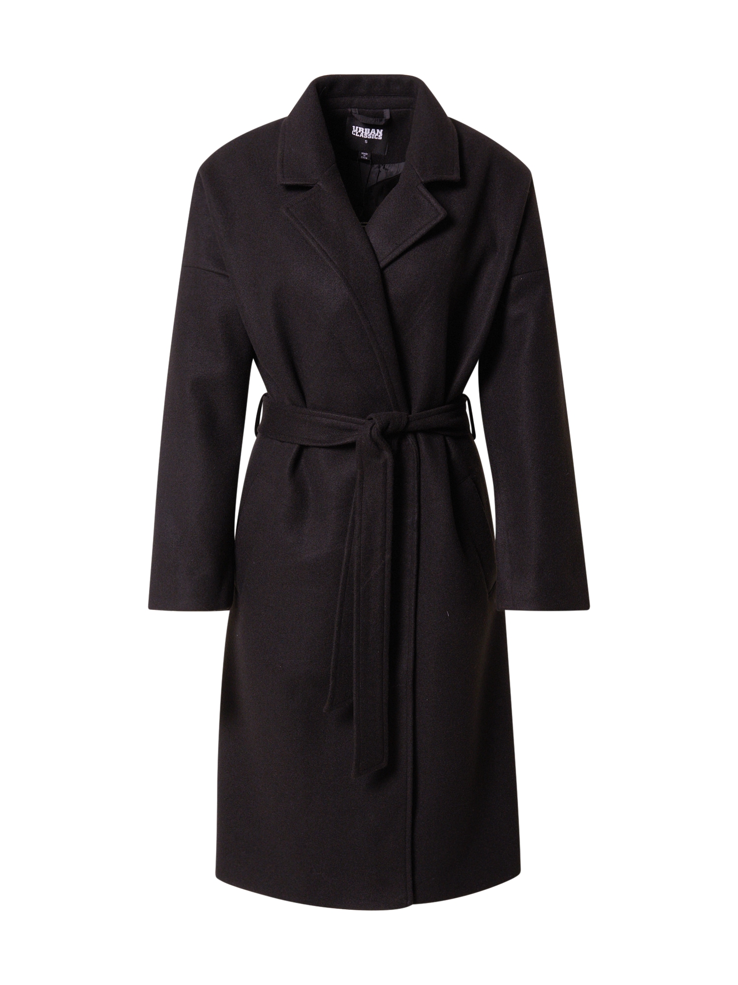 Black oversized women's classic coat by Urban Classics, featuring a belt, long sleeves, and a lapel collar, made from a warm, textured material.