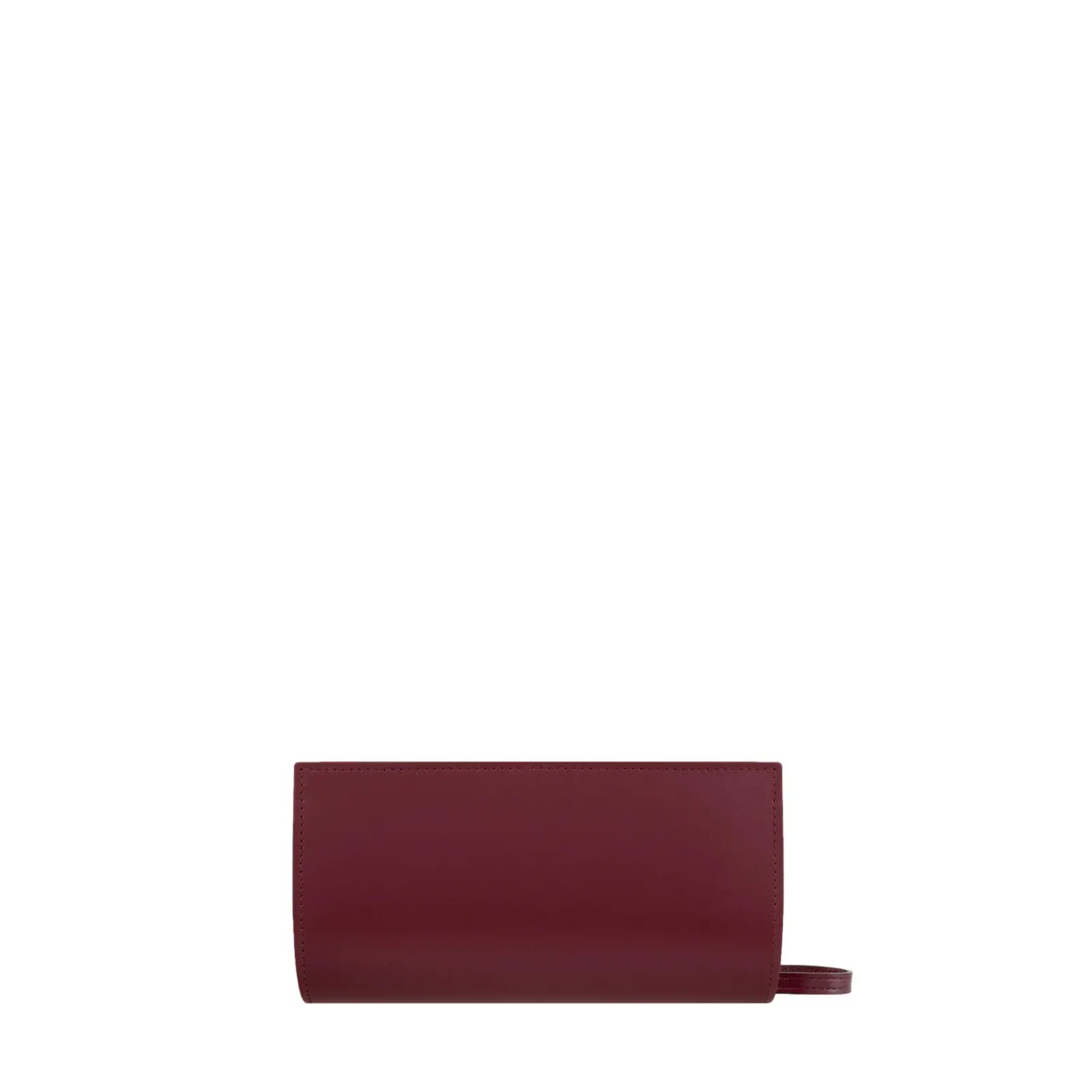 Burgundy leather clutch bag by Ryłko with a sleek, minimalist design and a small side handle for easy carrying.
