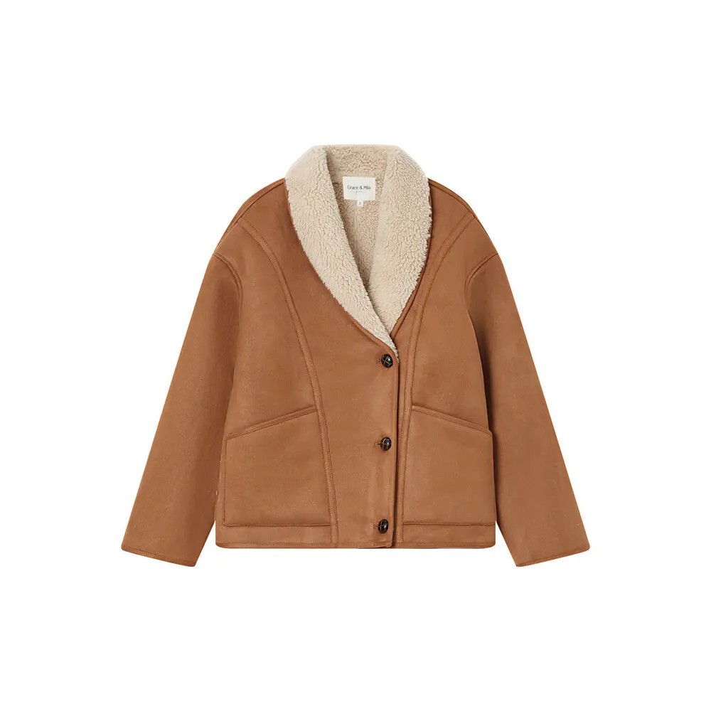 Brown women's coat by Grace & Mila with a soft, cream faux fur collar, featuring a button closure and two front pockets.