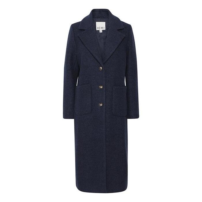 Navy blue long coat by Ichi, made from a wool blend, featuring a notched collar, three front buttons, and two front pockets for a stylish, tailored look.