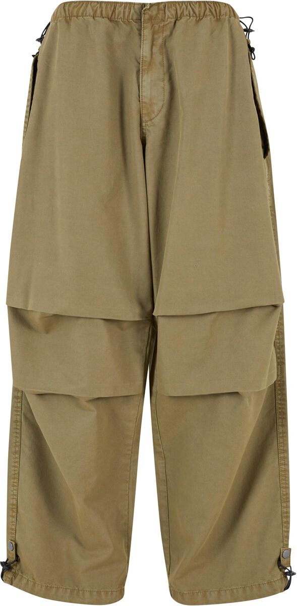 Khaki women's cargo trousers made of cotton, featuring a relaxed fit, elastic waistband, multiple pockets, and adjustable cuffs for a stylish urban look.