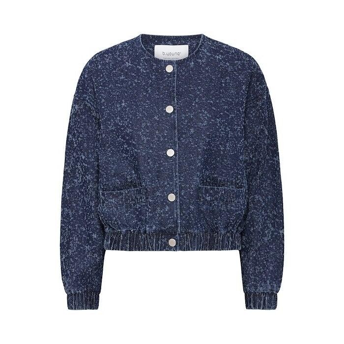Navy blue denim jacket by b.Young features a textured finish, round neckline, front button closure, and elasticized hem with two front pockets.