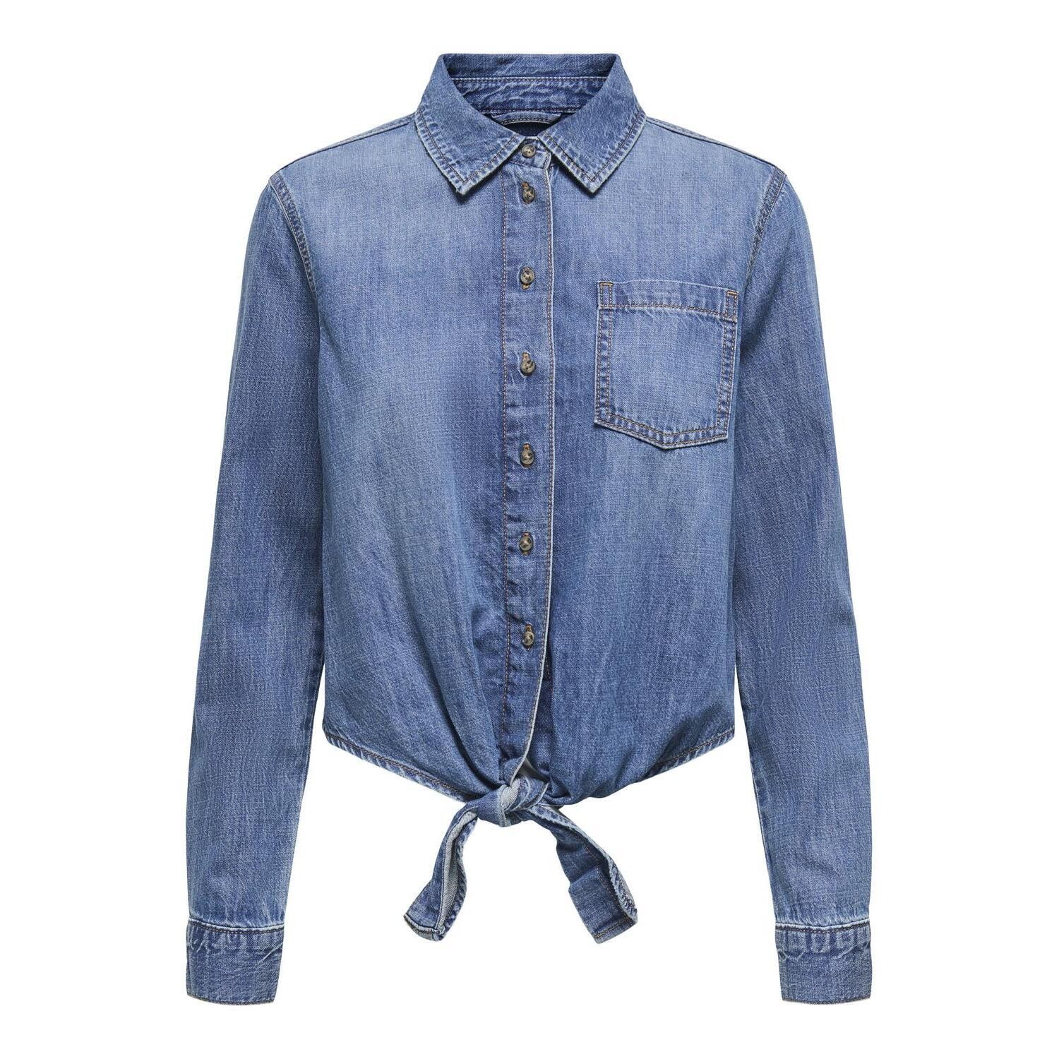 Light blue denim shirt with a button-up front, a collar, a single chest pocket, and a knotted hem at the waist, featuring long sleeves and a relaxed fit.