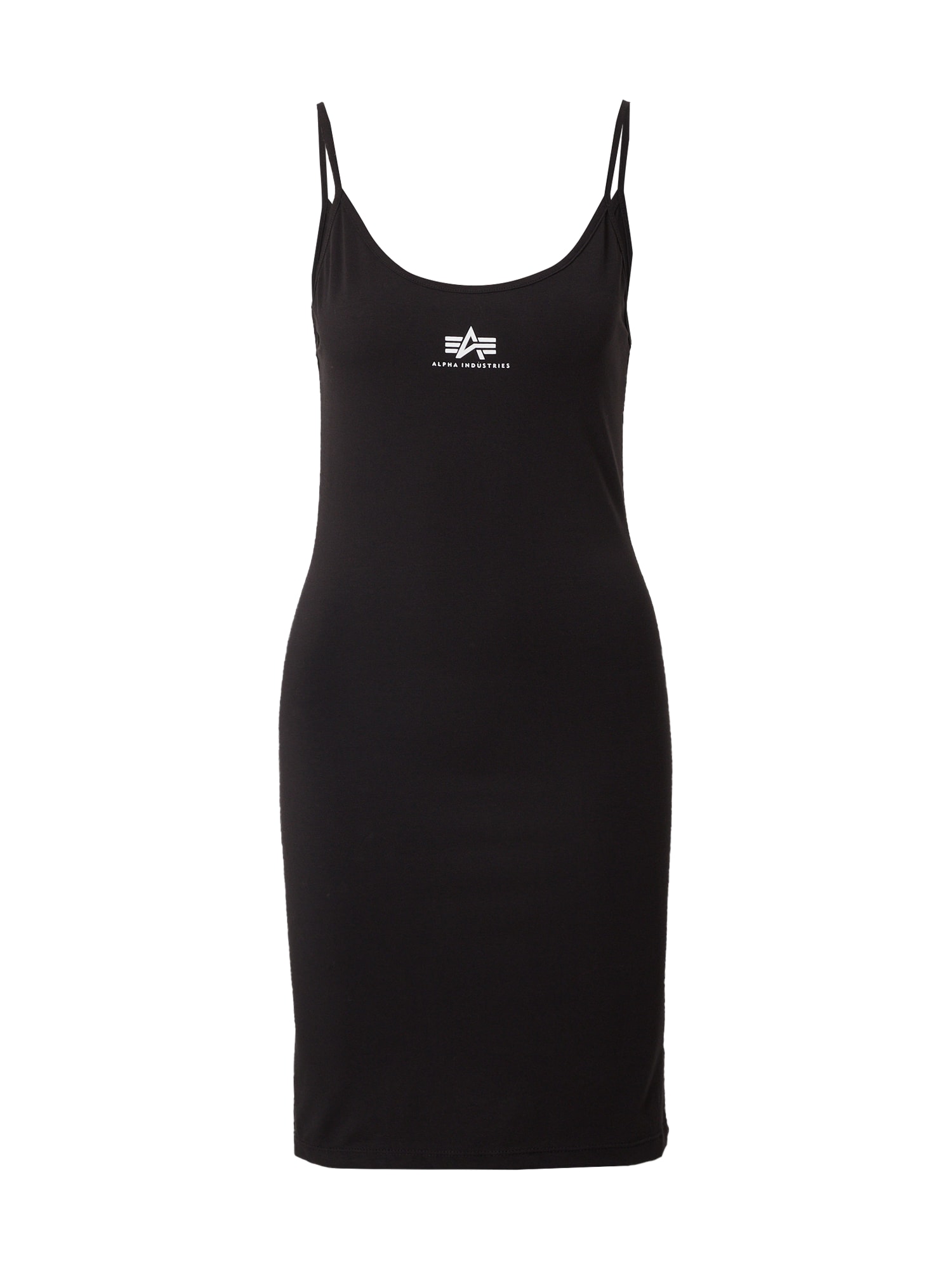 Black sleeveless dress by Alpha Industries featuring a small white logo on the chest, made of a soft, stretchy material for a fitted silhouette.