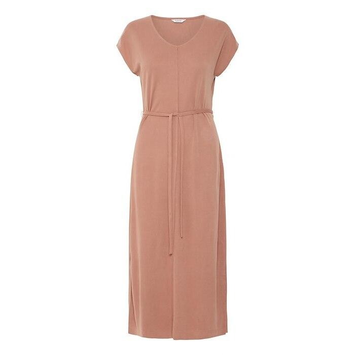 Dusty rose, short-sleeved women's dress by b.Young, featuring a V-neck, a cinched waist with a matching belt, and a flowy, ankle-length silhouette.