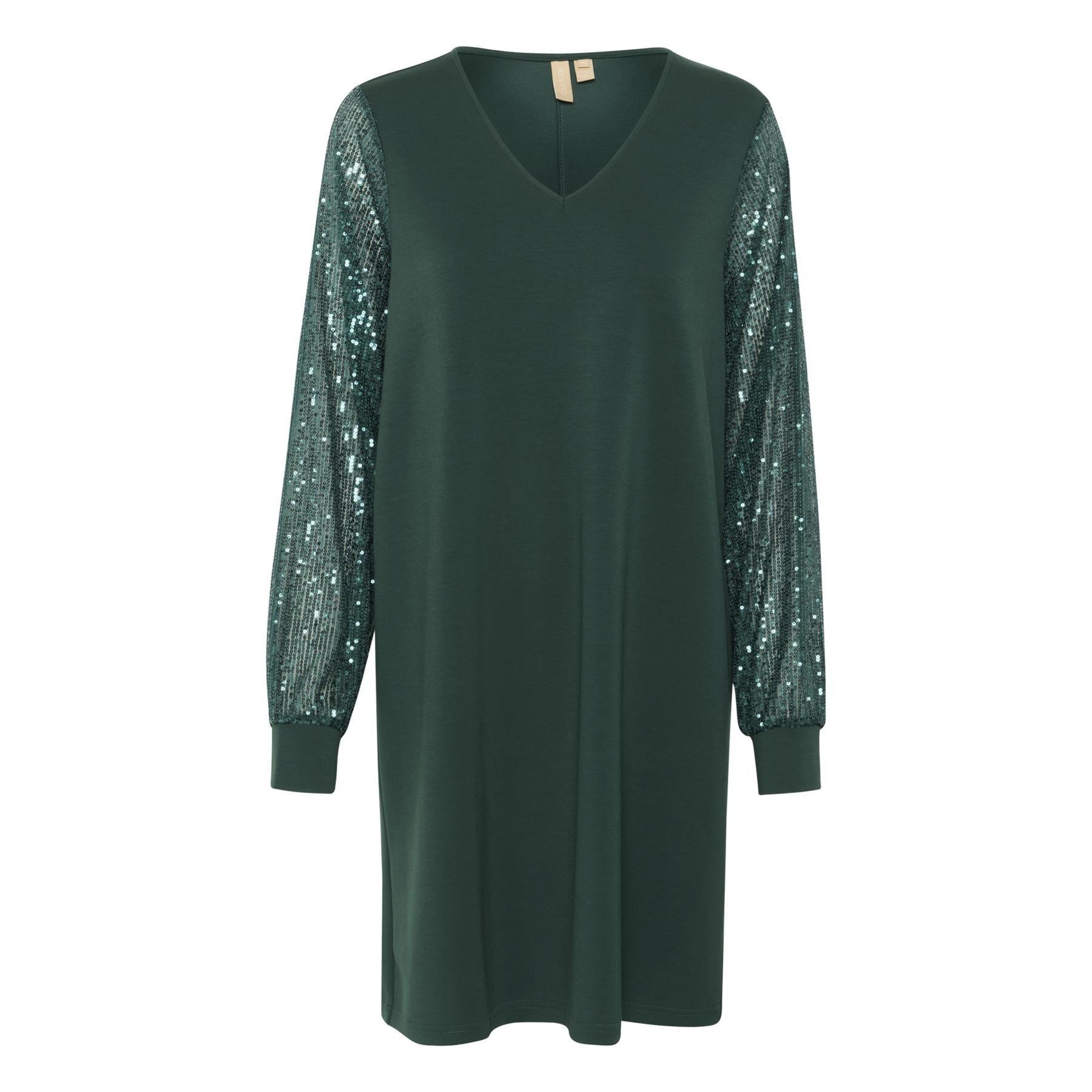Green dress with a V-neck and long sleeves featuring shimmering sequin embellishments on the sleeves, made from soft, comfortable material.