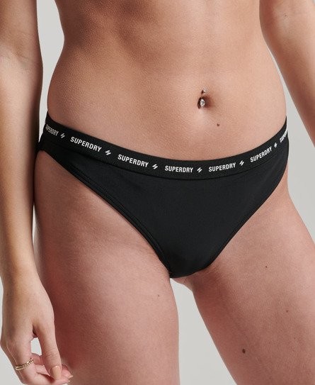 Black elastic micro bikini briefs by Superdry, featuring a logo waistband, soft material, and a low-rise cut, available in size 36.