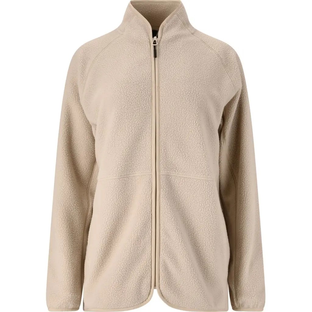 Beige women's fleece jacket by SOS, featuring a full zip front, high collar, and soft, textured fabric for warmth and comfort.