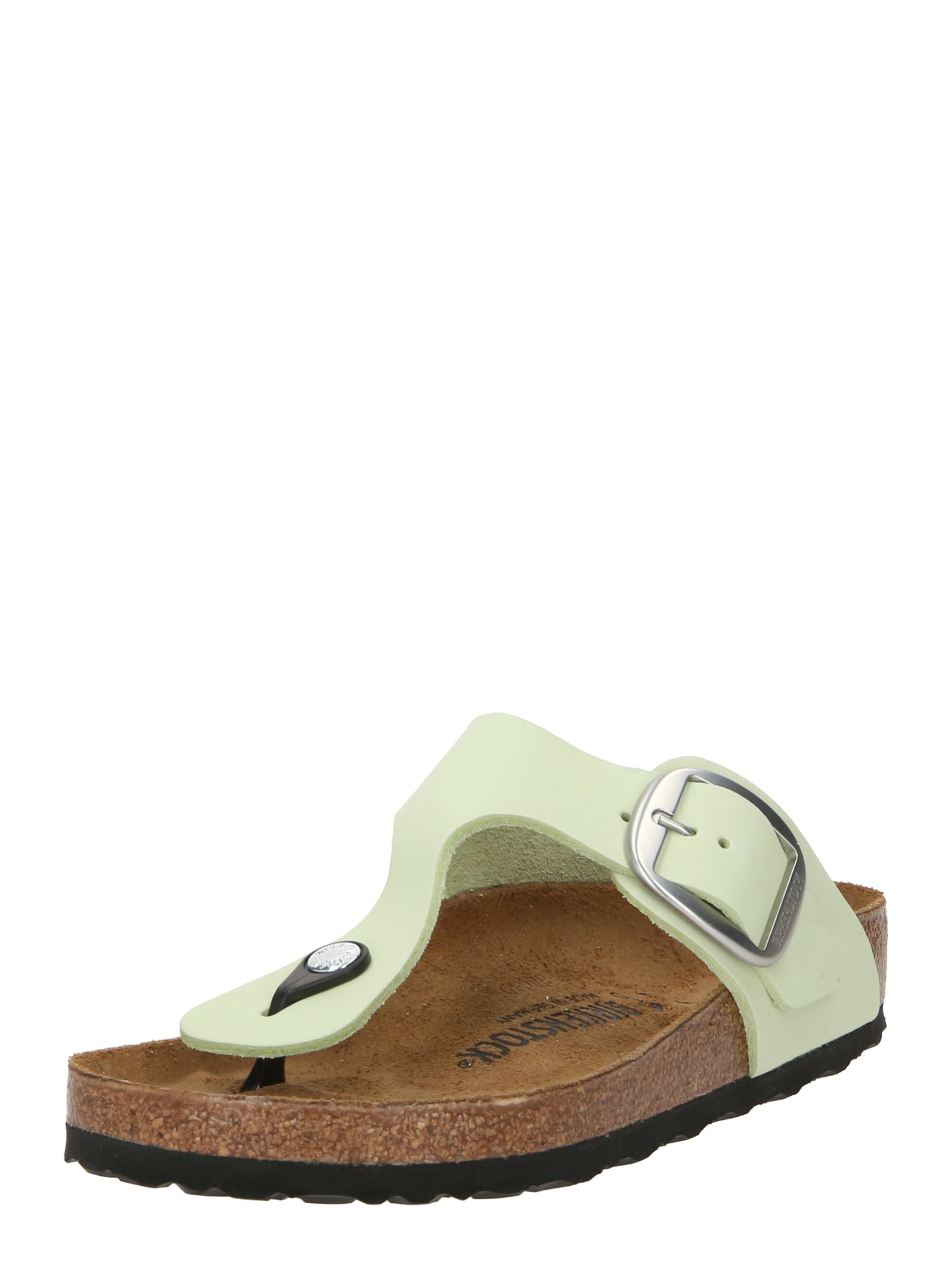 Light green nubuck leather women's flip-flops featuring a big silver buckle, a contoured cork footbed, and a durable black rubber sole.