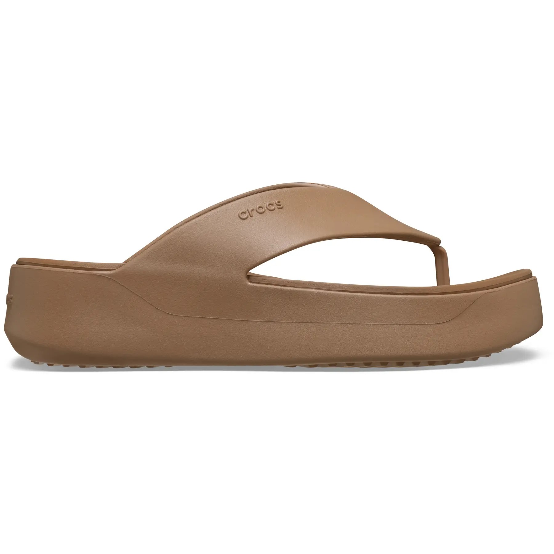 Brown Crocs Getaway Platform Flip featuring a sleek design, made from lightweight material with a wide toe post and a thick platform sole for added comfort.