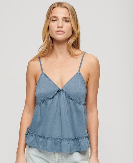Light blue women's frilled jersey tank top by Superdry, featuring thin adjustable straps, a ruffled hem, and a relaxed fit, made from soft, breathable material.