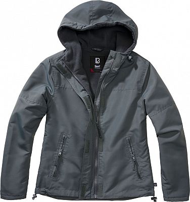 Black-grey windbreaker jacket for women by Brandit, featuring a front zipper, adjustable hood, and two side pockets, made from lightweight, water-resistant material in size XS.