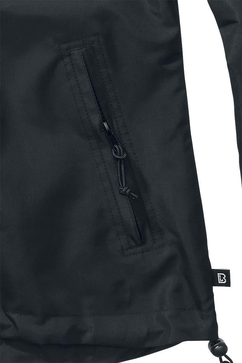 Black Brandit Summer Windbreaker for women, size XS, featuring a sleek design, lightweight material, and a zippered pocket on the side for convenience.