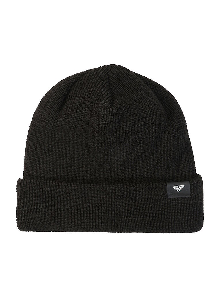 Black knitted beanie hat by Roxy, featuring a folded cuff and a small logo patch on the side, perfect for casual wear and cold weather.