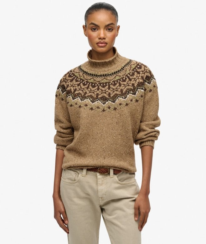 Brown high neck jumper with a Fairisle pattern in dark brown and cream, featuring a relaxed fit and rolled cuffs, made from a textured knit material.