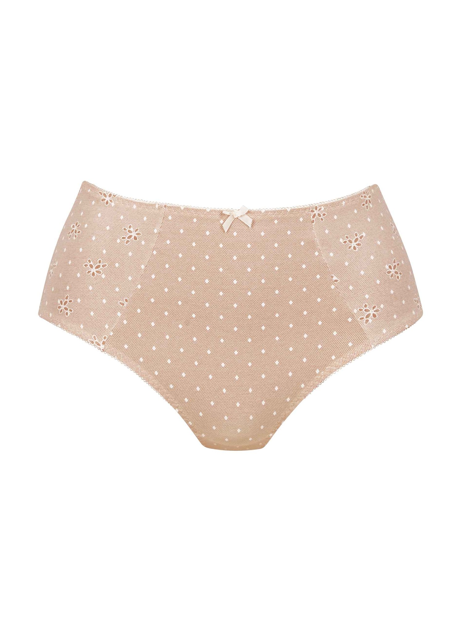 High-waisted women's briefs in a soft beige color, featuring a polka dot pattern and delicate floral designs, with a small bow detail at the front.