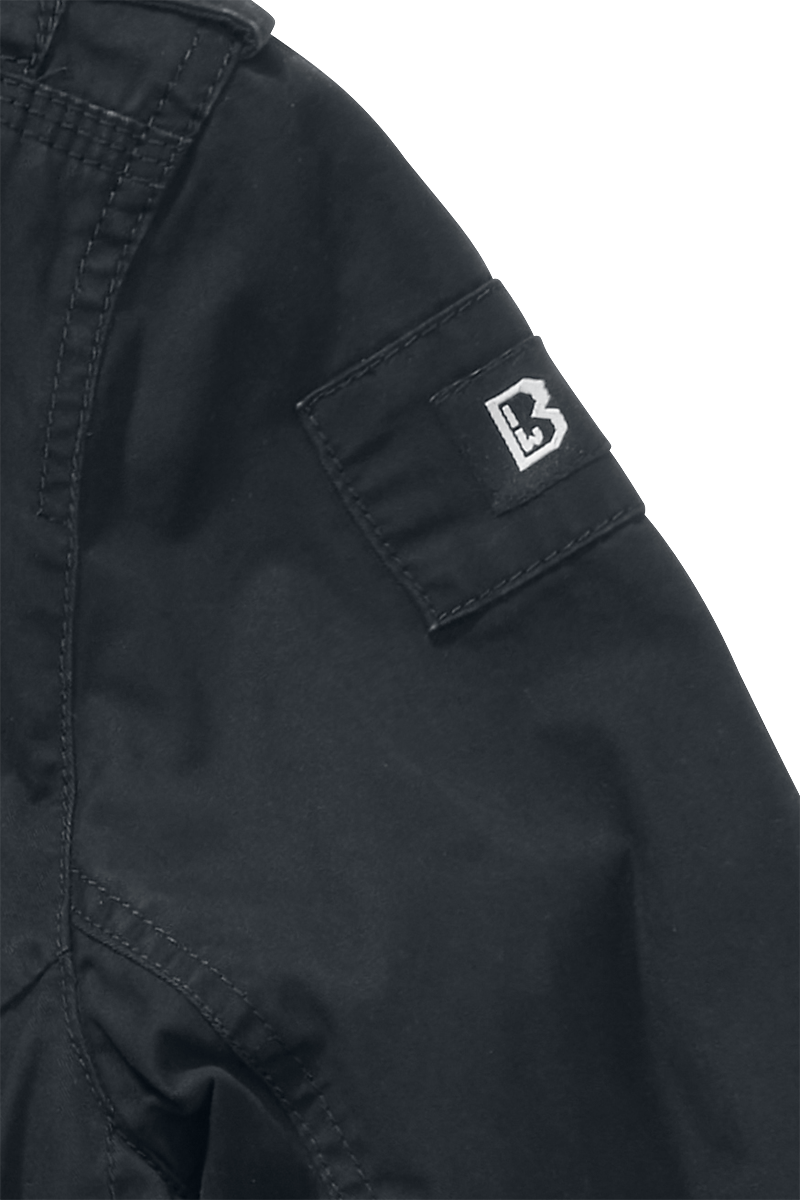 Black Brandit Britannia Ladies Jacket in size XS, featuring a sleek design and a distinctive logo patch on the sleeve.