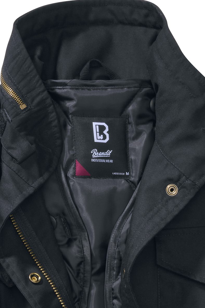 Black textile M65 Standard jacket for women by Brandit, featuring a zippered front, gold accents, and a smooth inner lining, size XS.