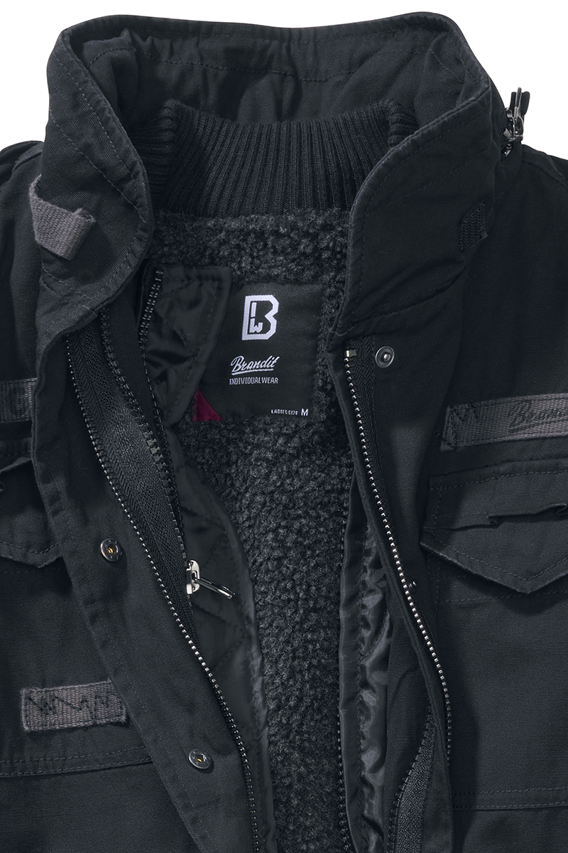 Black textile jacket for women by Brandit, featuring a cozy interior lining, ribbed collar, and multiple front pockets, designed in size XS.