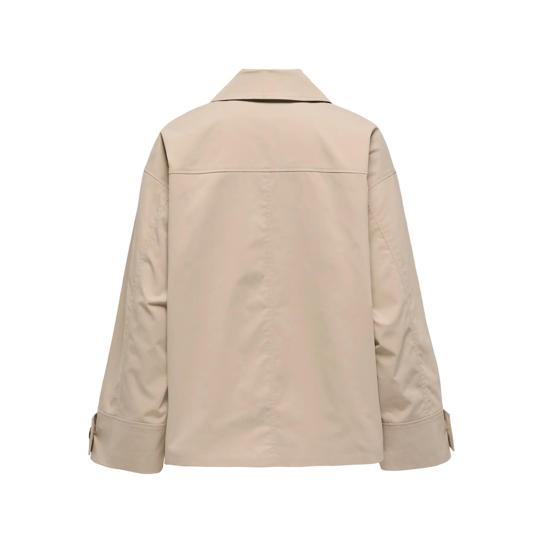 Light beige women's jacket by Only, featuring a classic collar, long sleeves with button cuffs, and a relaxed fit, made from a smooth, lightweight material.