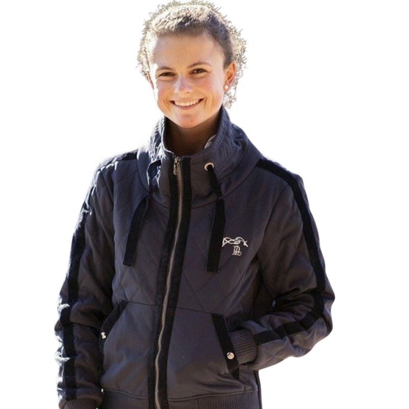 Black quilted women's jacket with a high collar, featuring a logo on the chest, contrasting side stripes, and adjustable drawstrings at the neckline.