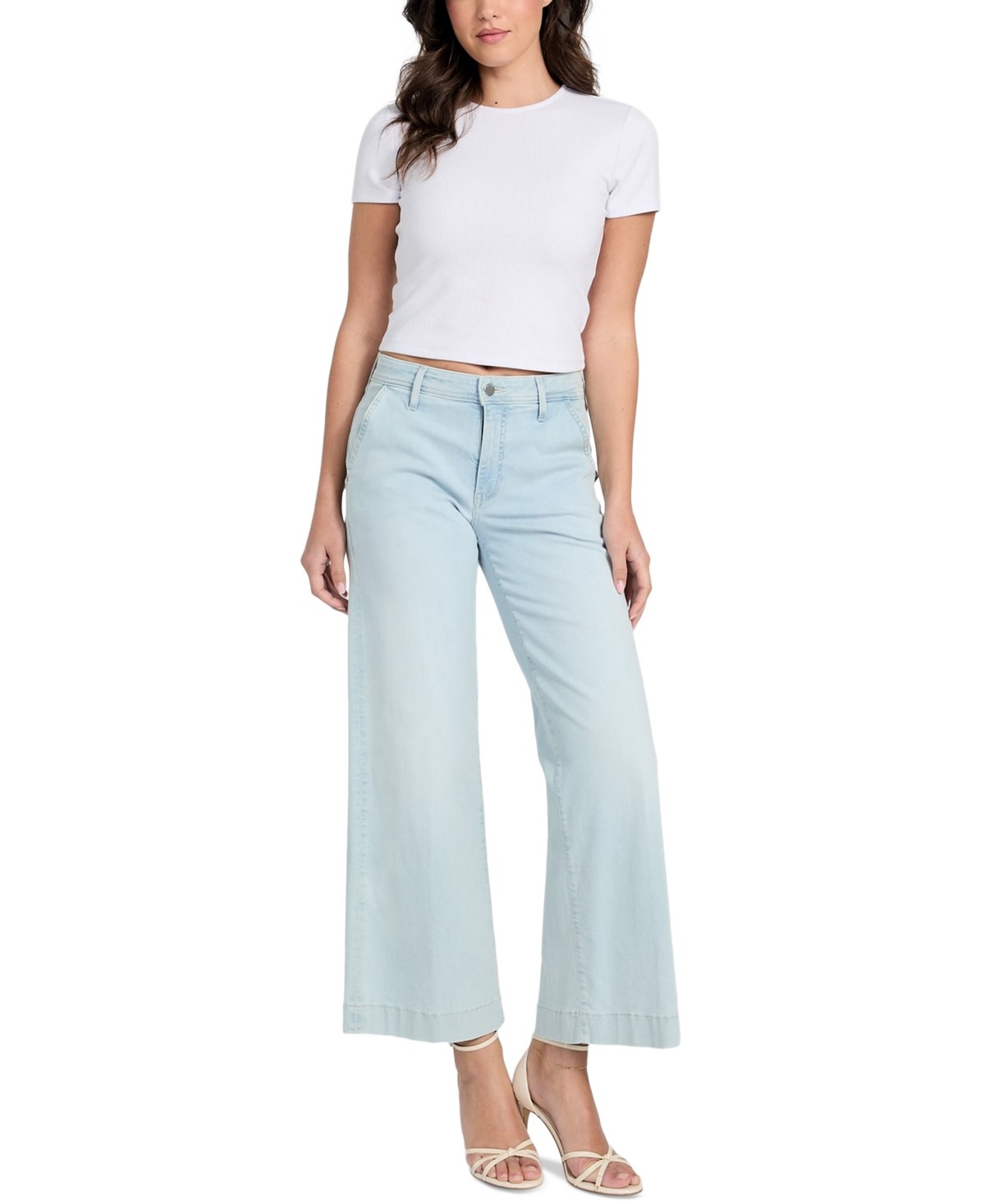 Light blue wide-leg jeans by Guess, featuring a high waist and a relaxed fit, paired with a white fitted top and strappy heels, showcasing a casual yet stylish look.