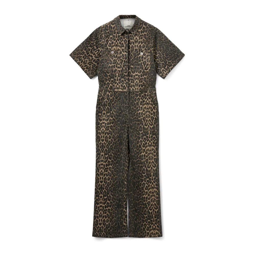 Short-sleeved women's jumpsuit in a brown and black leopard print, featuring a zip front, collar, and relaxed fit, made from a lightweight material.