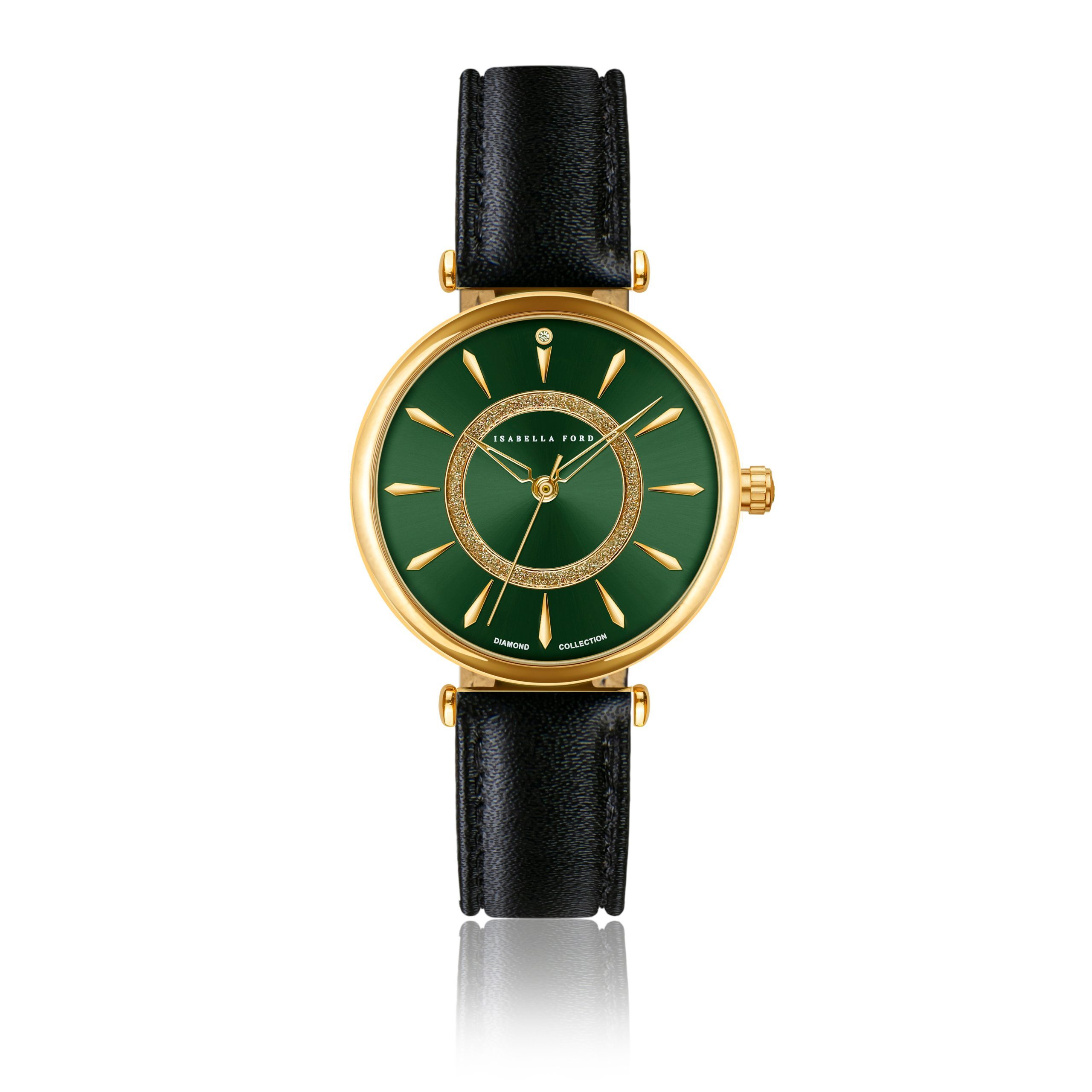 Women's leather watch featuring a gold-tone case, green dial with gold hour markers, and a black textured leather strap.