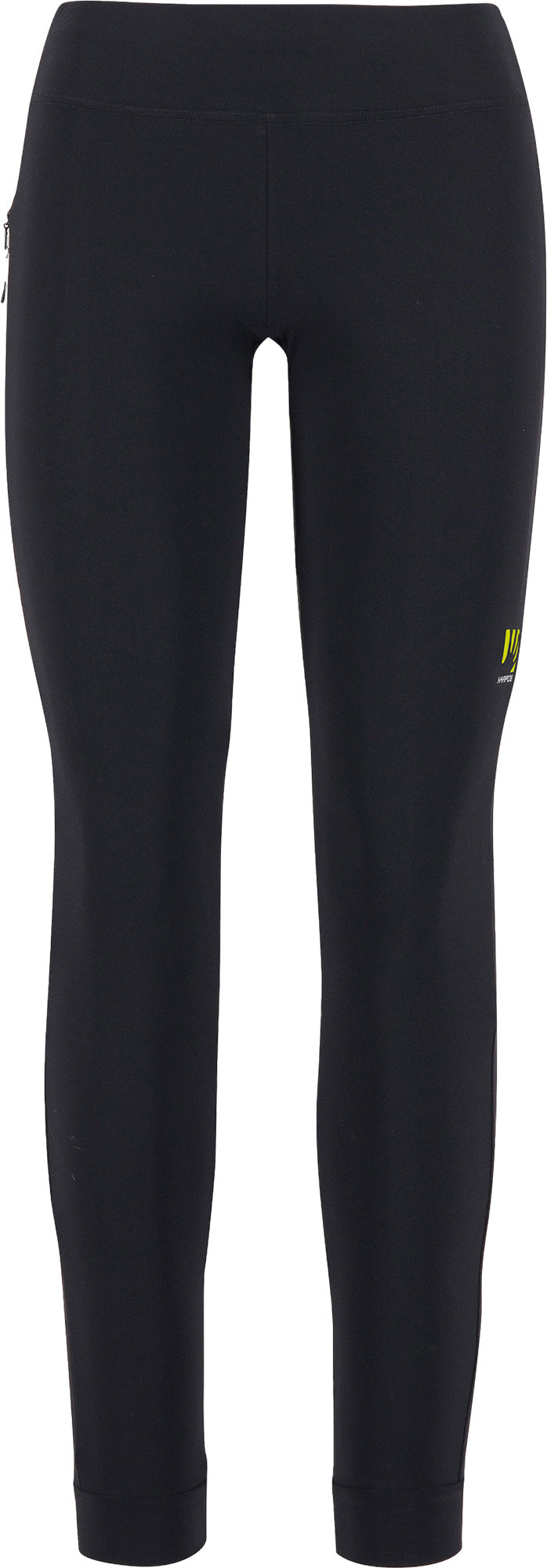 Black women's leggings by Karpos, featuring a slim fit, lightweight material, and a small green logo on the left leg, ideal for active wear.