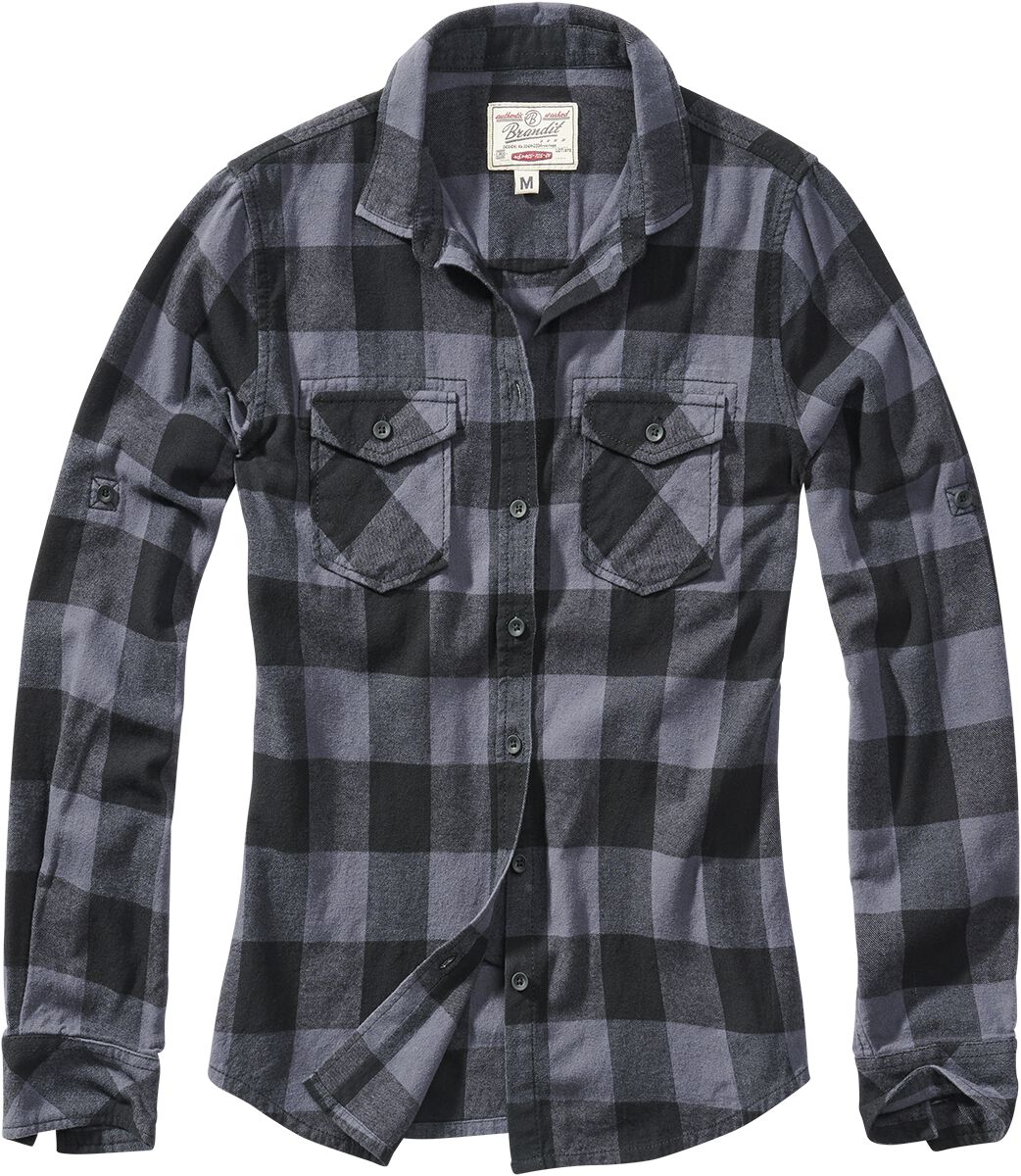 Black-grey checkered flannel shirt for women by Brandit, featuring a button-up front, two chest pockets, and a classic collar, available in size S.