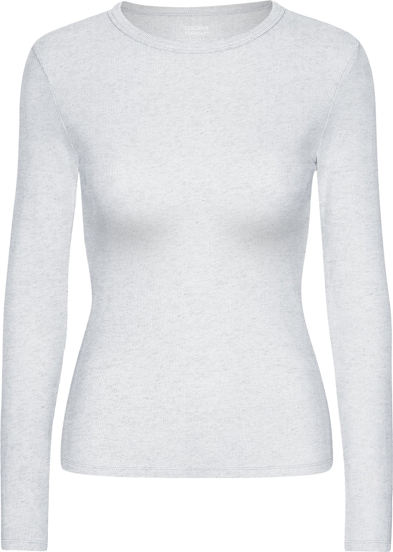 Women's long sleeve ribbed T-shirt in a soft snow melange color, made from organic cotton, featuring a fitted silhouette and crew neckline.