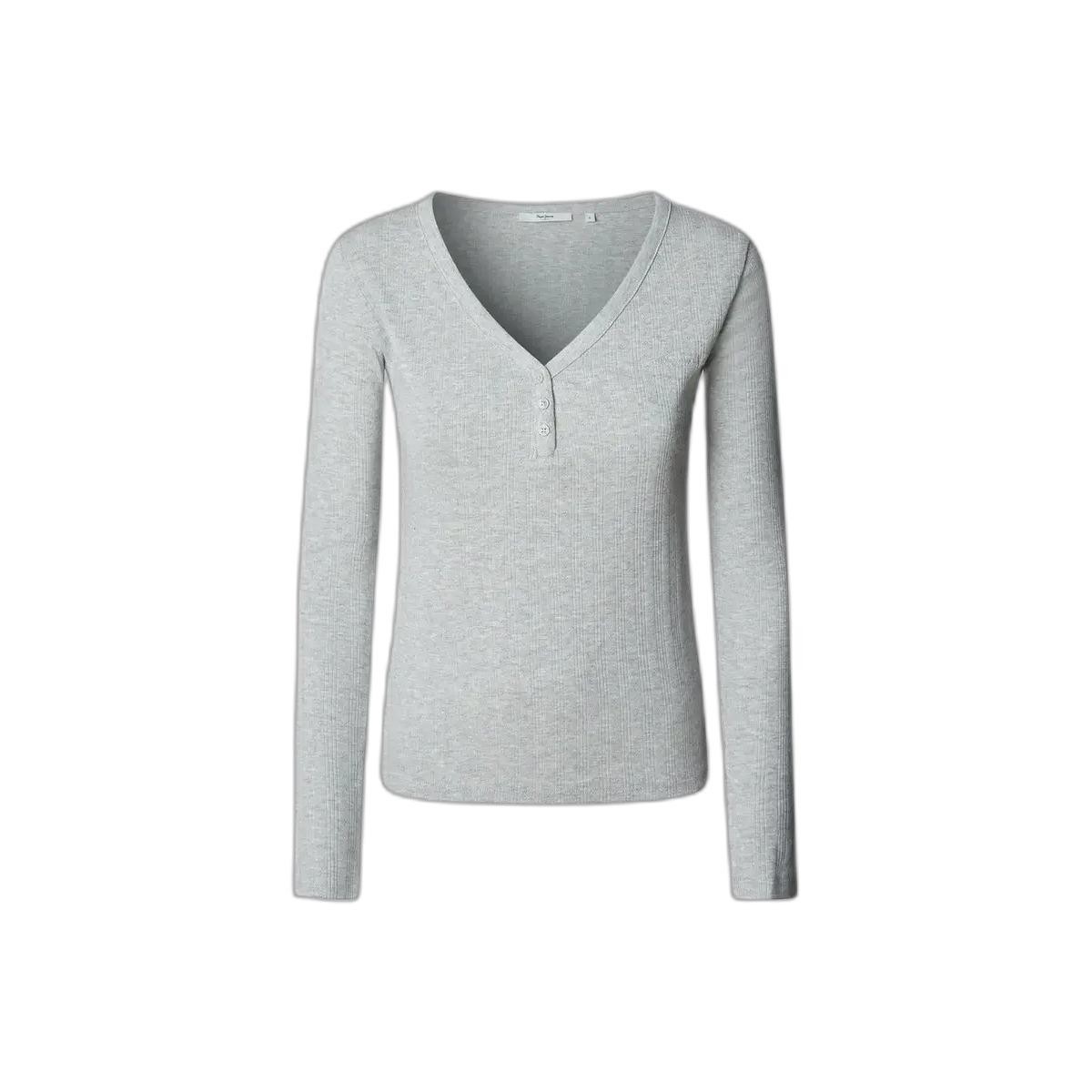 Light grey women's long sleeve T-shirt by Pepe Jeans, featuring a V-neckline and button details, made from soft, comfortable fabric.