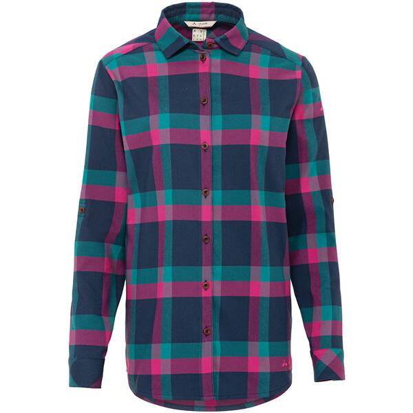 Long-sleeved women's shirt in a navy, teal, and pink checkered pattern, featuring a button-up front and roll-up sleeve tabs, made from soft, breathable fabric.