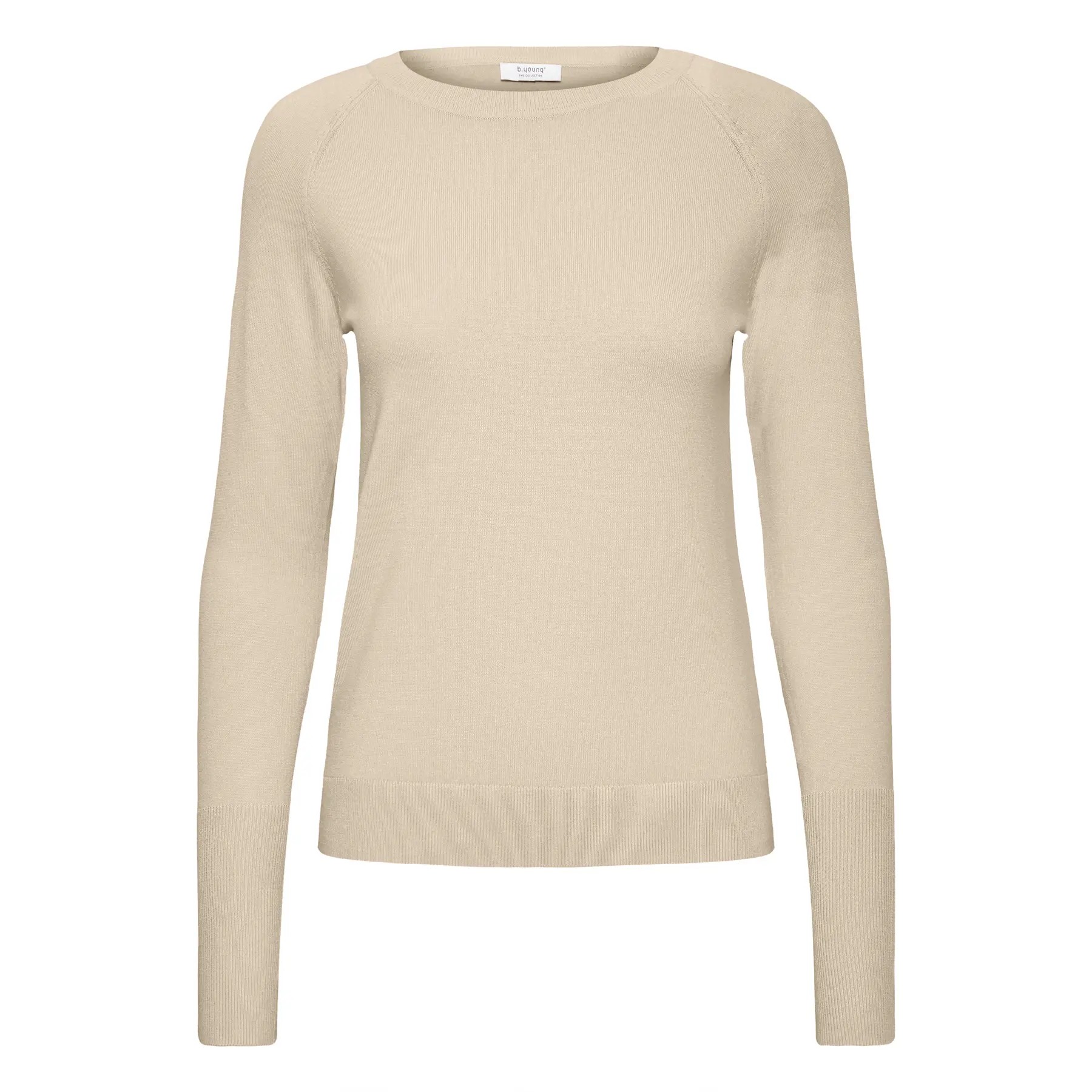 Light beige long-sleeve sweater by b.Young, featuring a round neckline, ribbed cuffs, and a soft, smooth knit material.