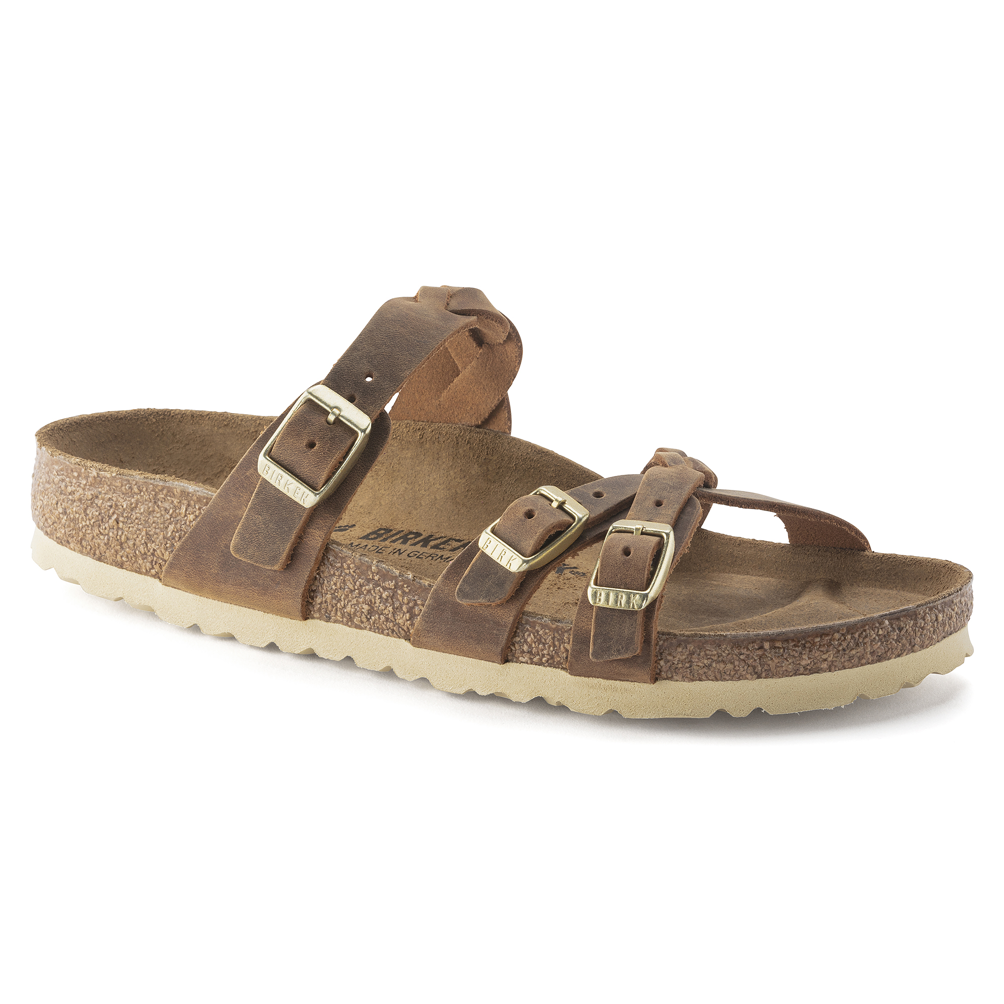 Brown oiled leather women's mules by Birkenstock featuring two adjustable straps with gold buckles and a cork footbed on a light-colored rubber sole.