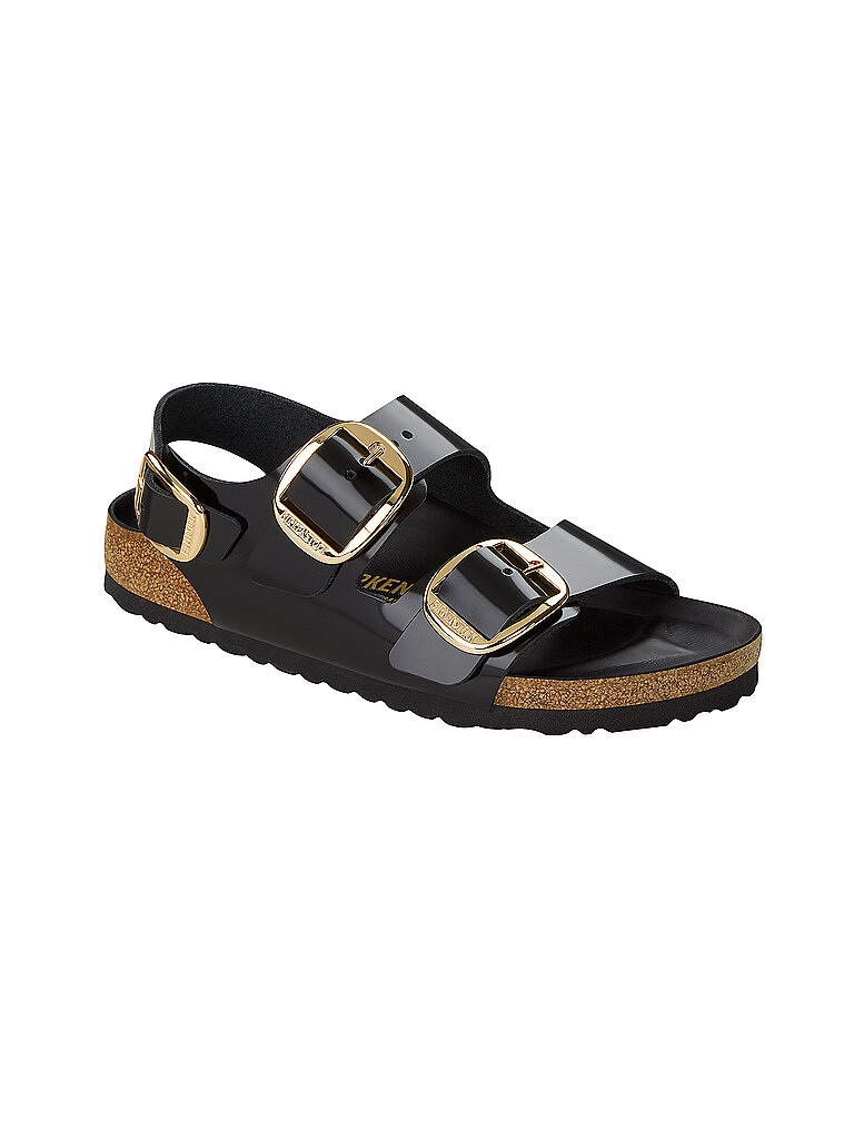 Birkenstock Patent Leather Open-Toe Sandals with Cork Sole- Female- Birkenstock- Flat Sandals- Black- 4 UK- Shoes