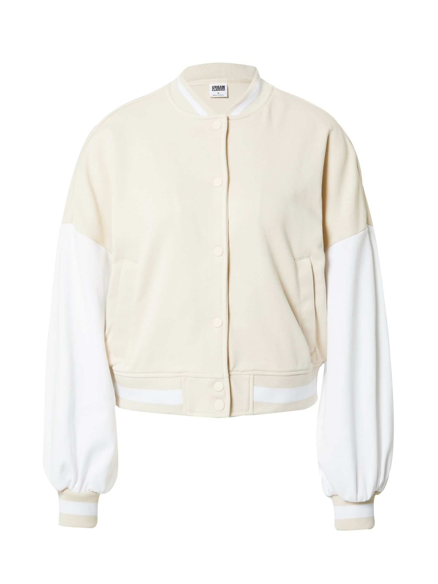 Cream oversized jacket with white sleeves, featuring a college-style design, ribbed cuffs, and a button-up front. Made of soft terry material for a casual look.