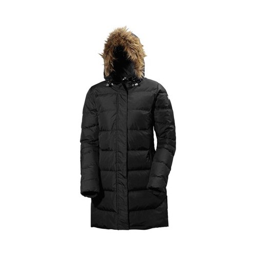 Black women's parka by Helly Hansen, featuring a down-filled design, a hood with faux fur trim, and a mid-length cut for warmth and style.