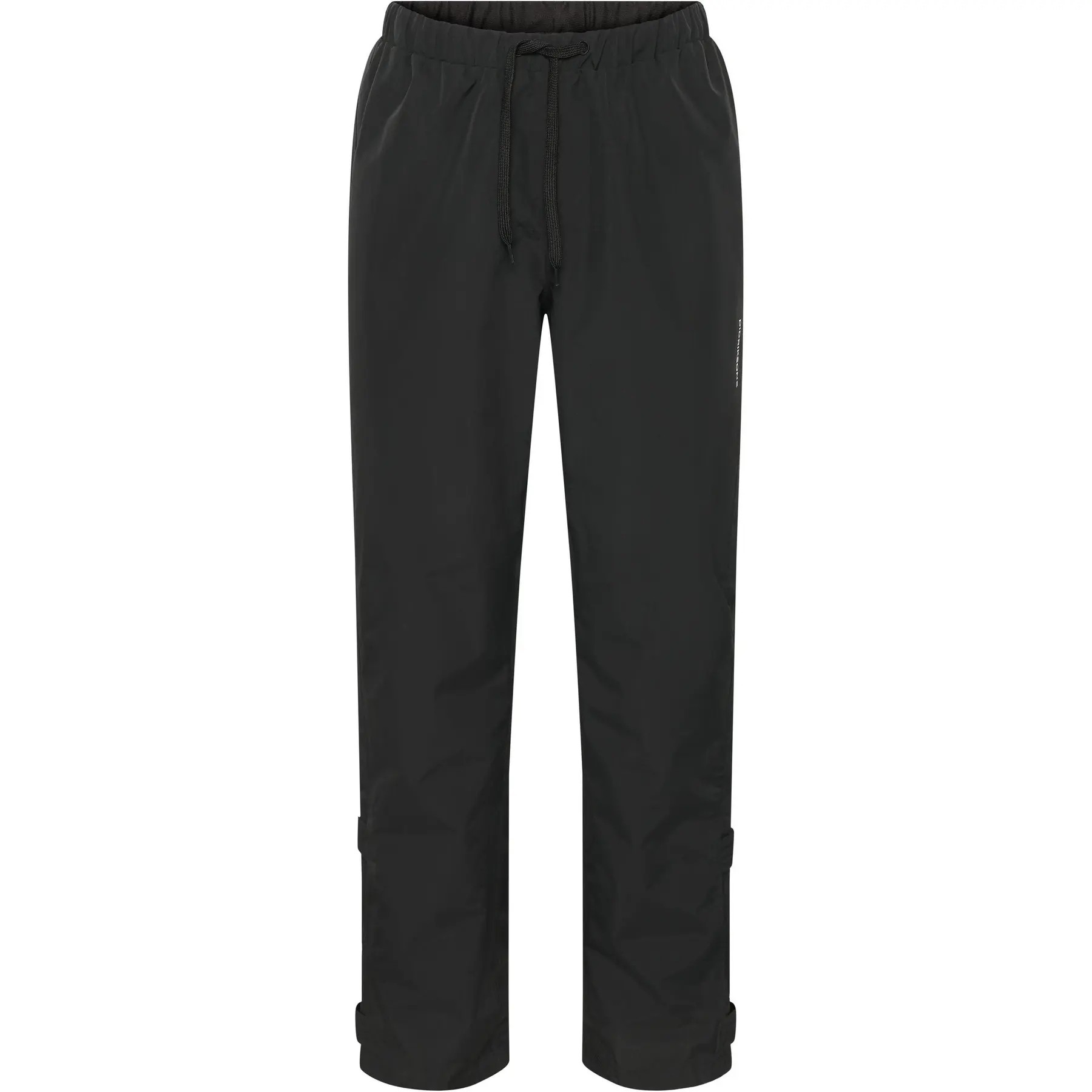 Black women's rain trousers by Didriksons, made from waterproof material, featuring an elastic waistband with drawstring and adjustable cuffs for a secure fit.