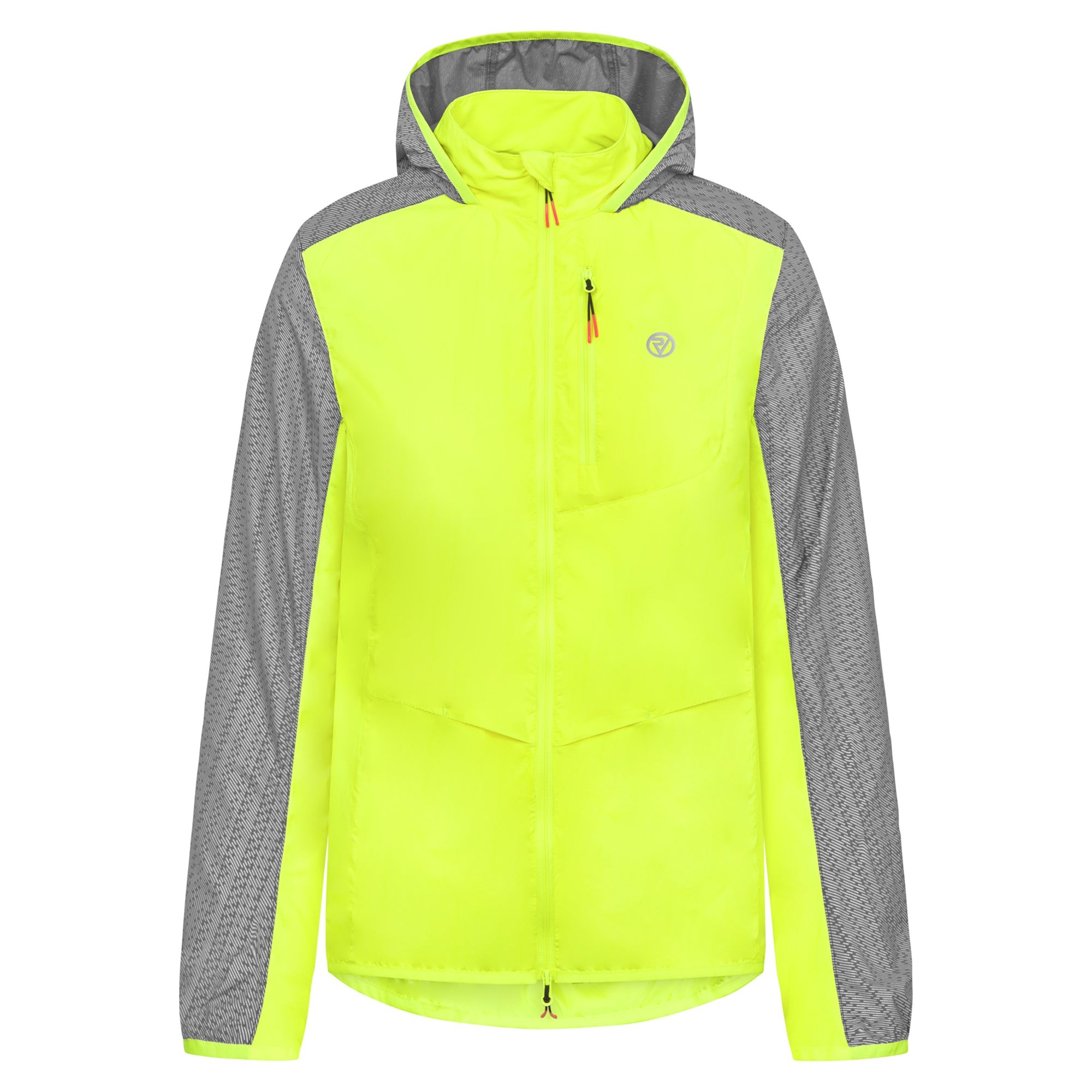 Bright neon yellow lightweight running windshell jacket with gray mesh panels, a hood, zippered pockets, and reflective details for visibility.